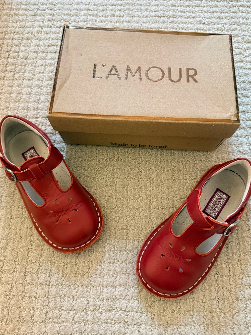 L'Amour Girls Red Leather T-Strap Mary Janes